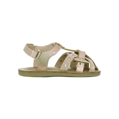 360 degree animation of product Mini girls rose gold stud gladiator sandals frame-14
