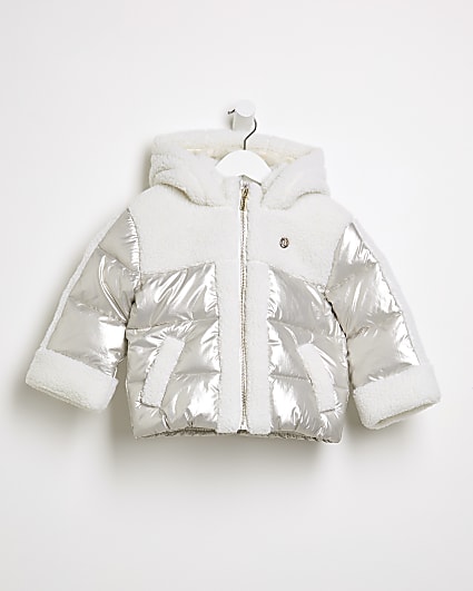 Mini girls silver borg puffer coat