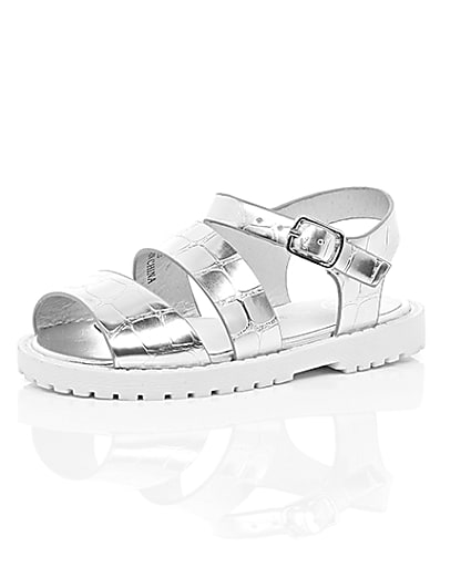 360 degree animation of product Mini girls silver croc chunky sandals frame-0