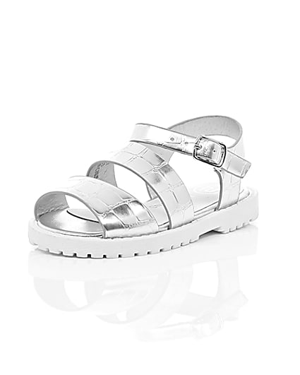 360 degree animation of product Mini girls silver croc chunky sandals frame-1