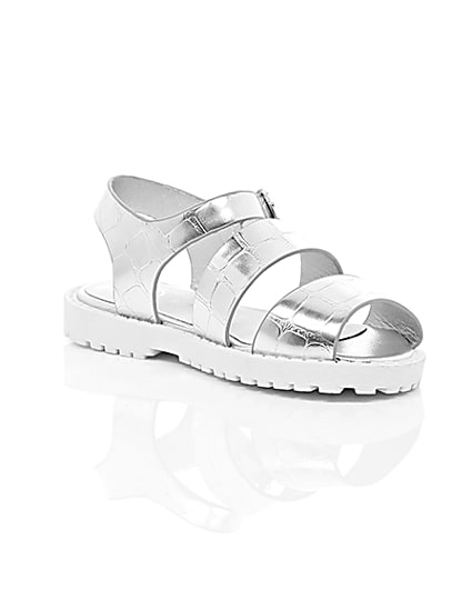 360 degree animation of product Mini girls silver croc chunky sandals frame-7