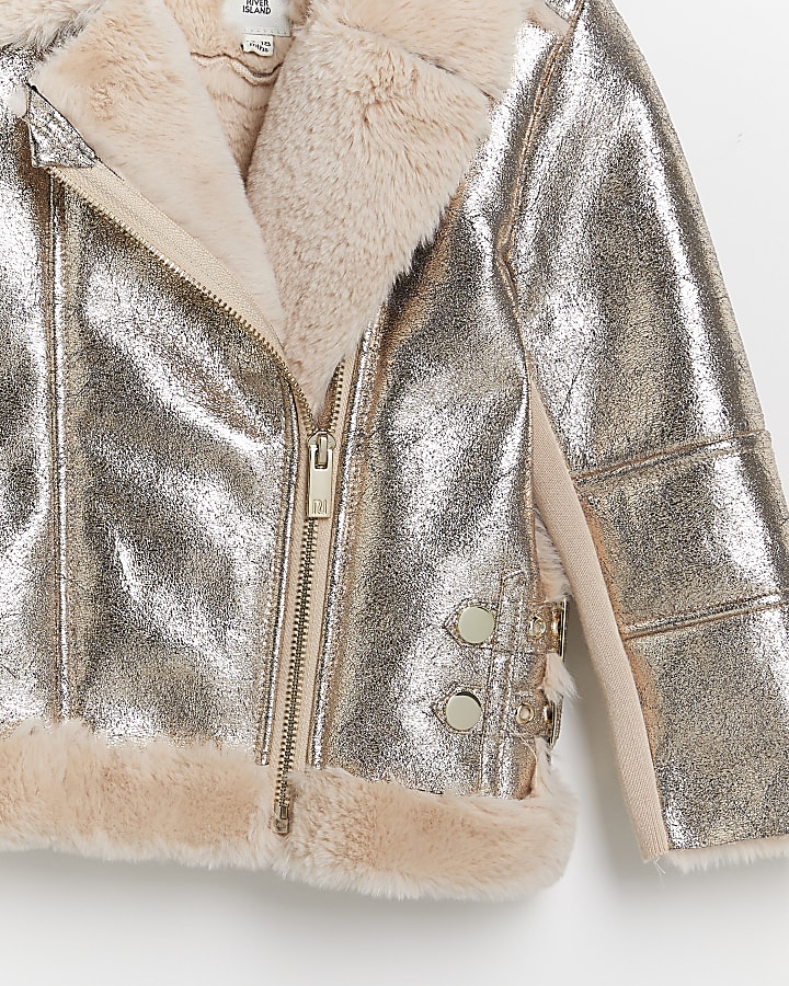 Mini girls silver faux fur aviator coat