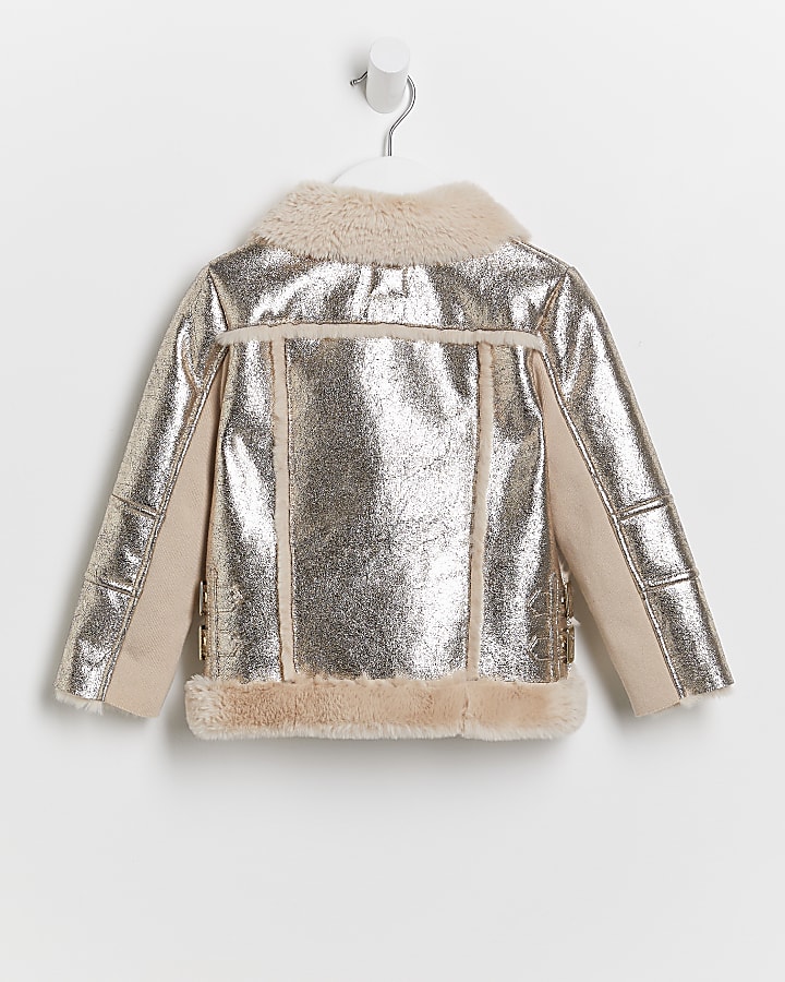 Mini girls silver faux fur aviator coat