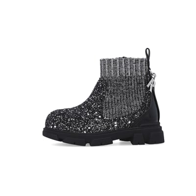 360 degree animation of product Mini Girls Silver Glitter Sock Chelsea Boots frame-2