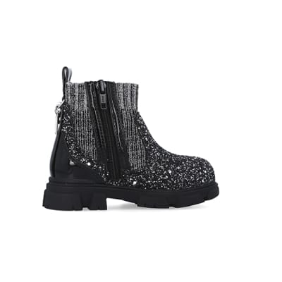 Mini Girls Silver Glitter Sock Chelsea Boots | River Island