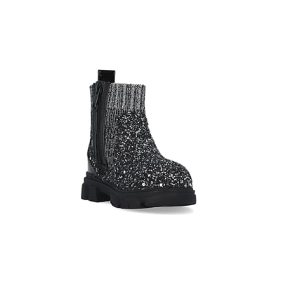 Mini Girls Silver Glitter Sock Chelsea Boots | River Island