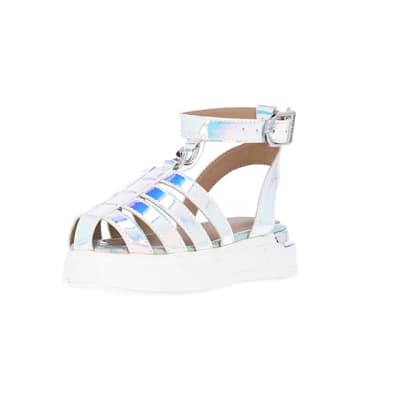 360 degree animation of product Mini girls silver holographic Sandals frame-0