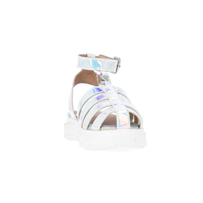 360 degree animation of product Mini girls silver holographic Sandals frame-20