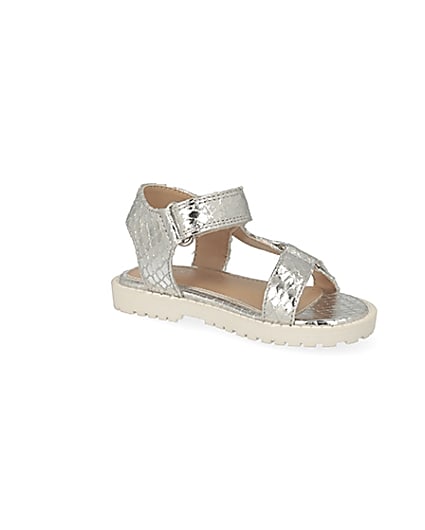 360 degree animation of product Mini girls silver velcro chunky sandals frame-17