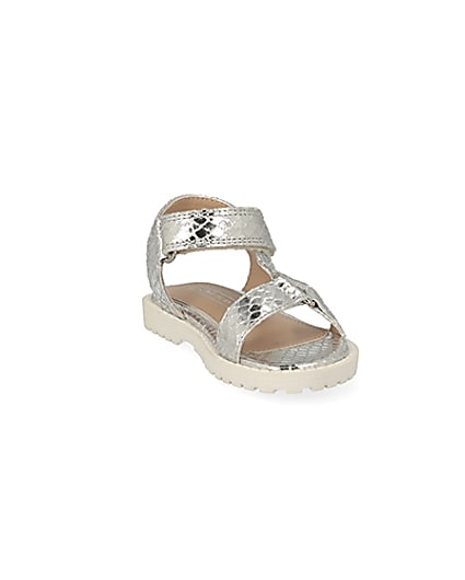 360 degree animation of product Mini girls silver velcro chunky sandals frame-19