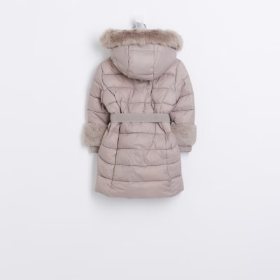 Mini girls black faux fur trim padded coat hotsell