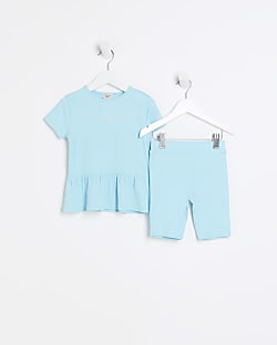 Mini girls turquoise rib peplum t-shirt set