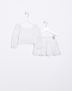 Mini girls white Broderie floral skirt set