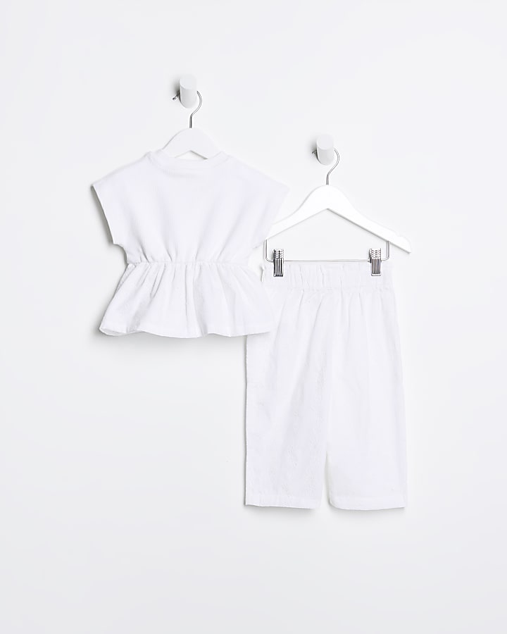 Mini girls white broderie top and trouser set