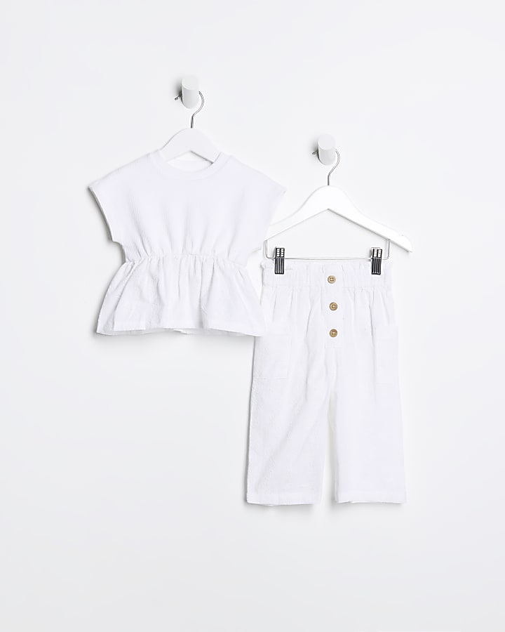 Mini girls white broderie top and trouser set