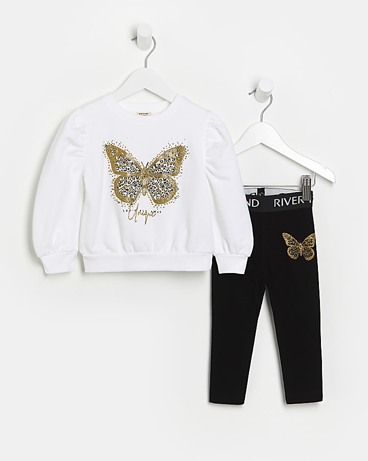 Mini girls white butterfly sweatshirt outfit