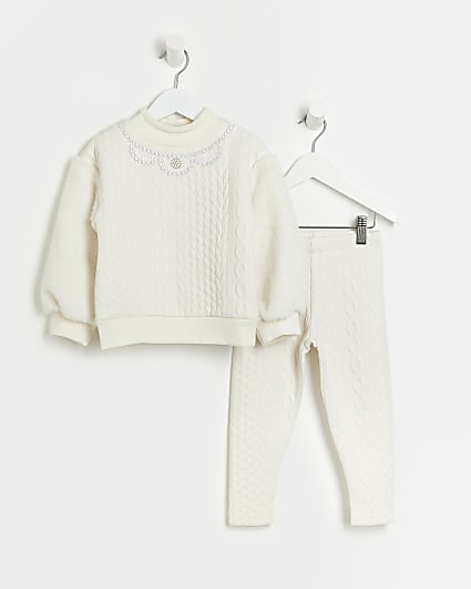Mini girls white cable knit jumper outfit