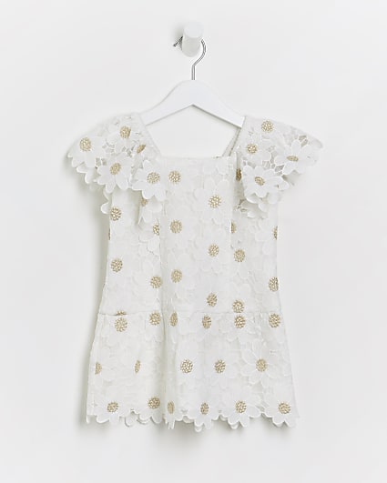 Mini girls white daisy floral lace dress
