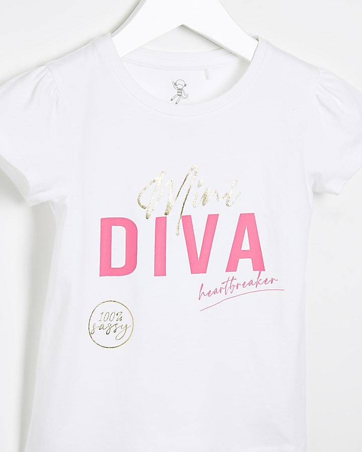 Mini girls white 'Diva' print t-shirt