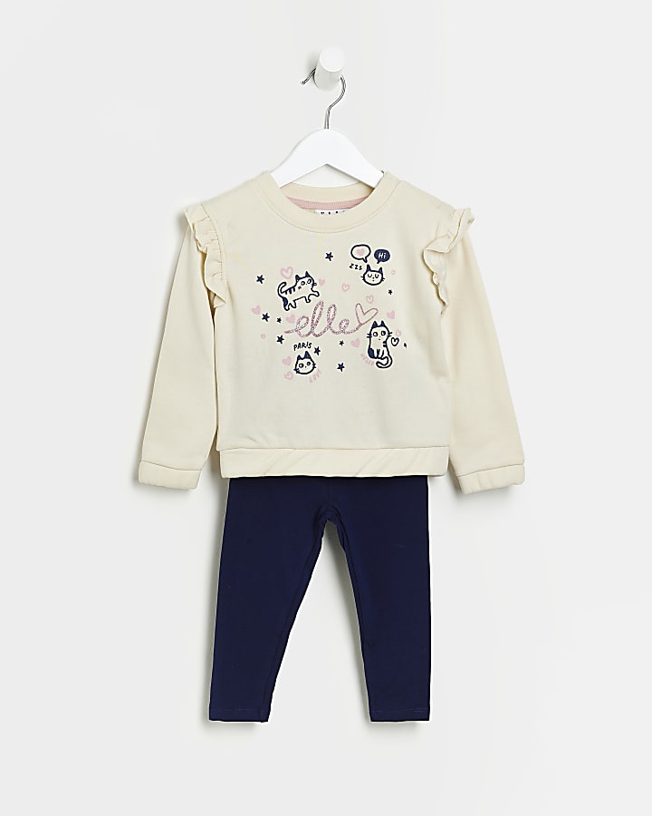 Mini Girls White ELLE Cat Graphic Top Outfit