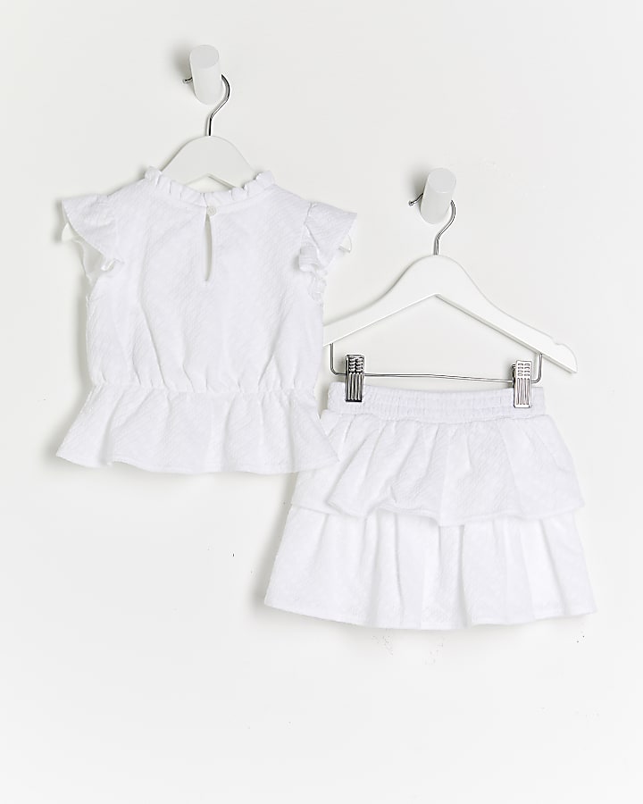 Mini girls white embroidered ruffle rara set