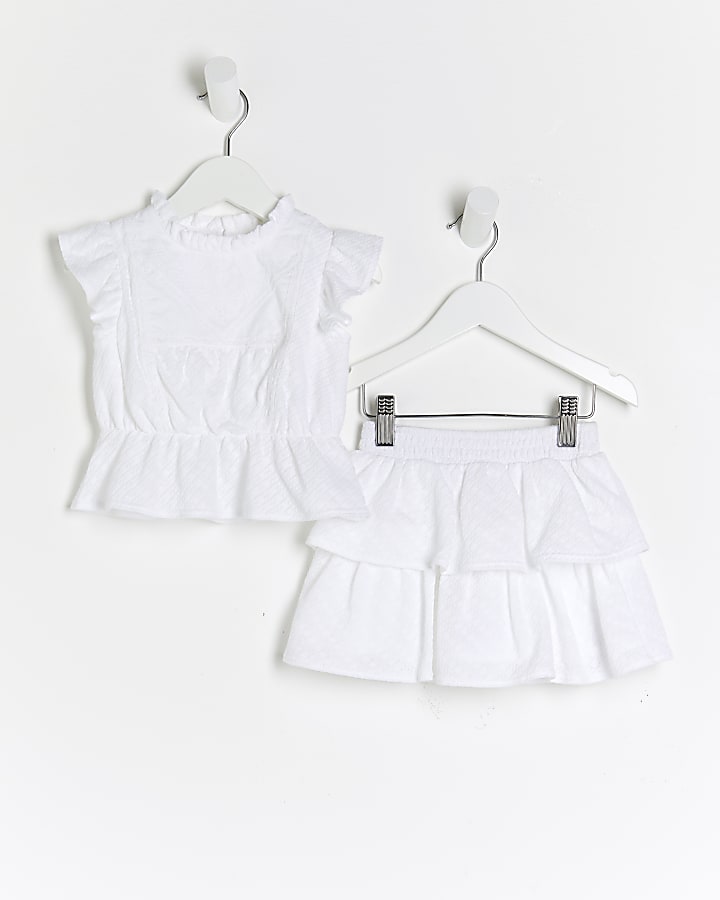 Mini girls white embroidered ruffle rara set