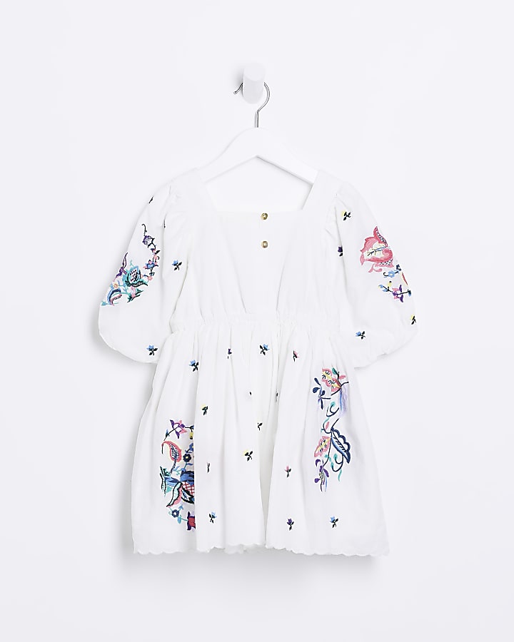 Mini girls White Embroidered Smock dress