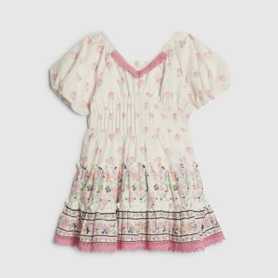 Mini Girls White Floral Belted Cotton Dress