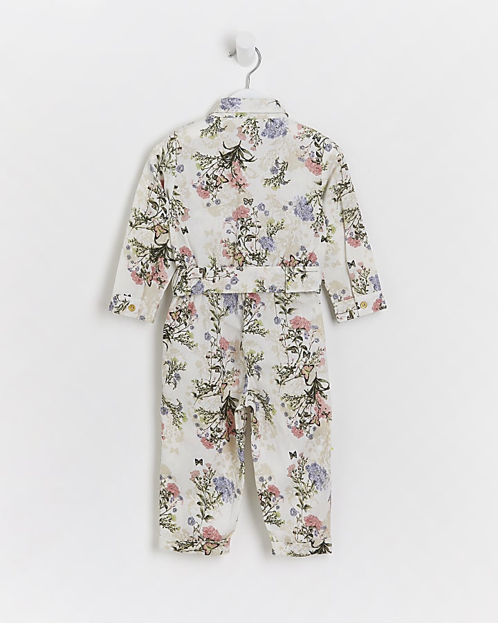 Mini girls white floral belted jumpsuit