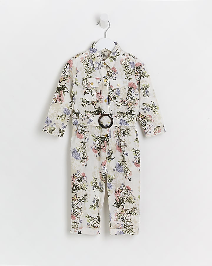 Mini girls white floral belted jumpsuit