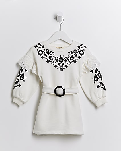 Mini girls white floral belted sweater dress