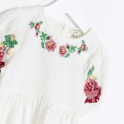Mini girls White floral Embroidered Blouse River Island