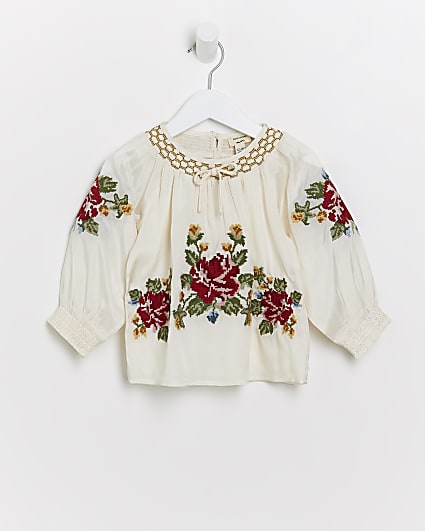 Mini girls white floral embroidered blouse