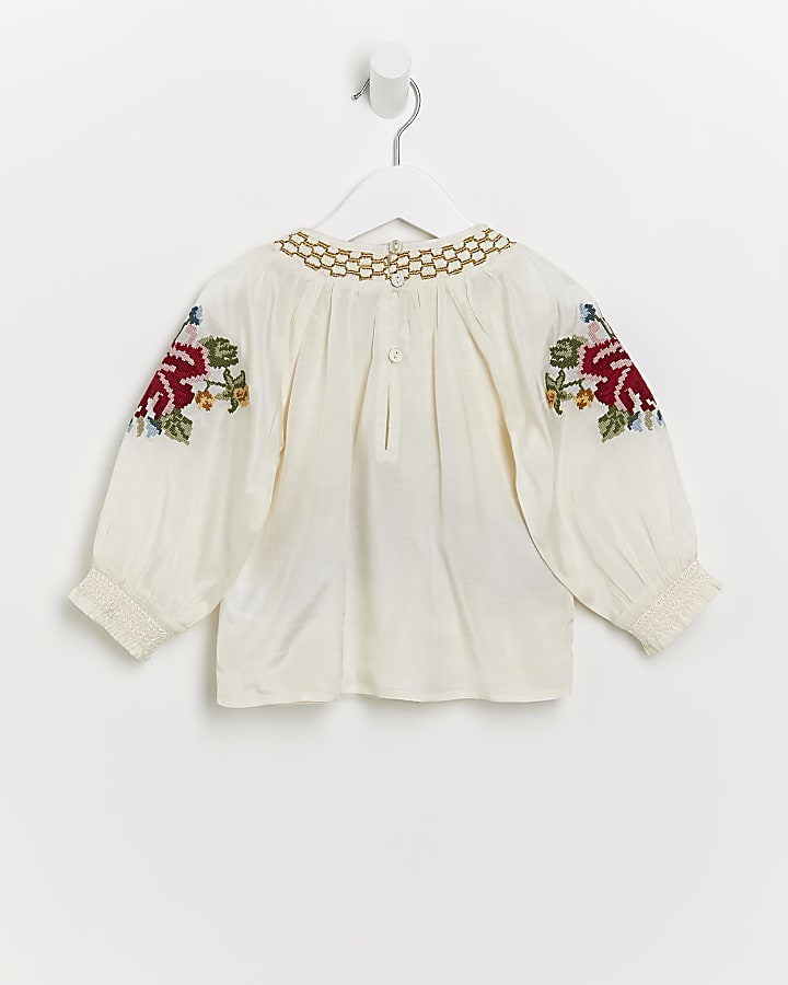 Mini girls white floral embroidered blouse