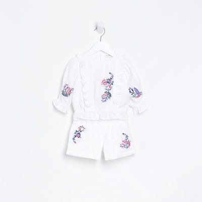 Mini girls white floral embroidered short set