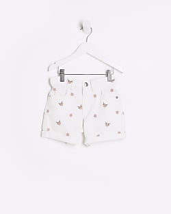 Mini girls white floral embroidered shorts