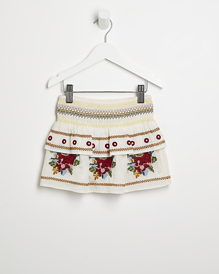 Mini girls white floral embroidered skirt