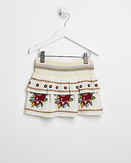 Mini girls white floral embroidered skirt