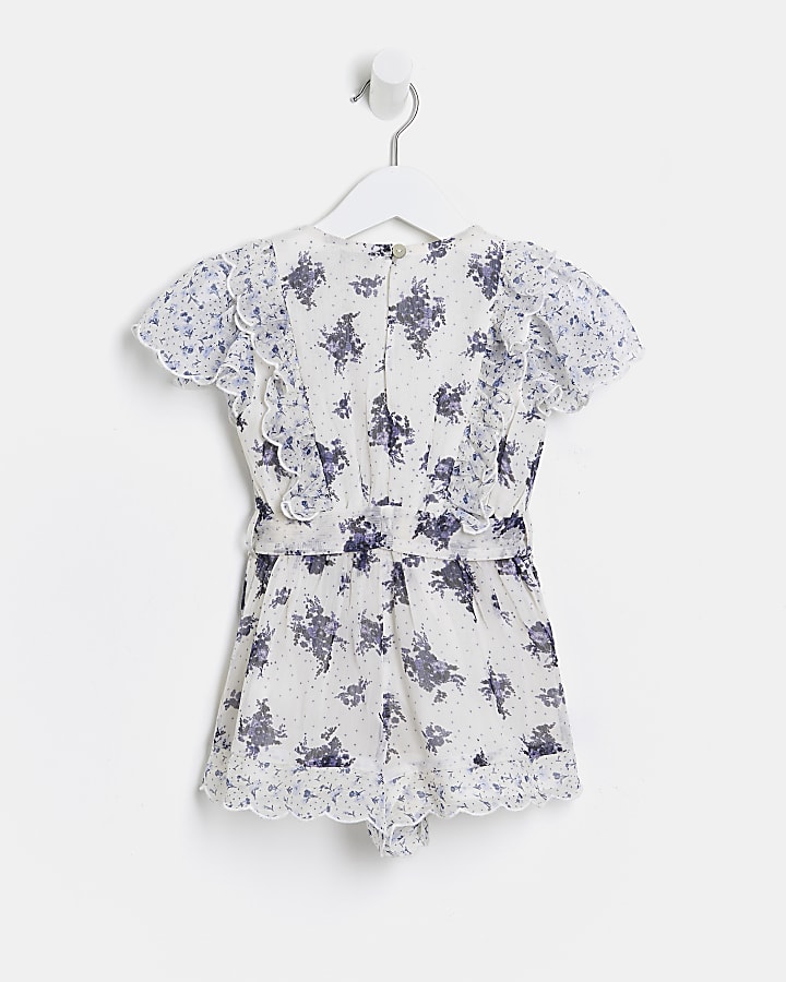 Mini girls white floral frill belted playsuit