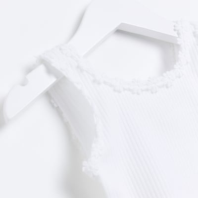 Mini Girls white flower trim vest top