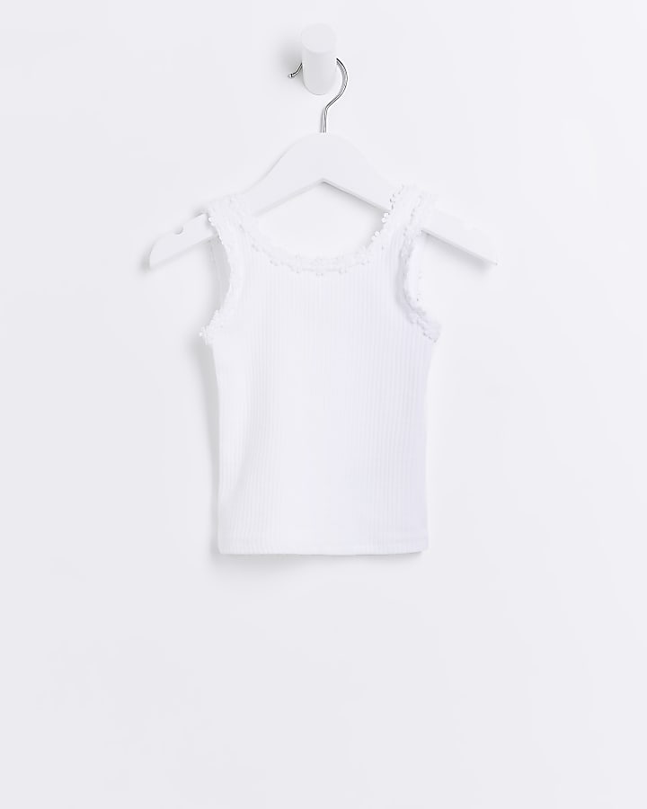 Mini Girls white flower trim vest top