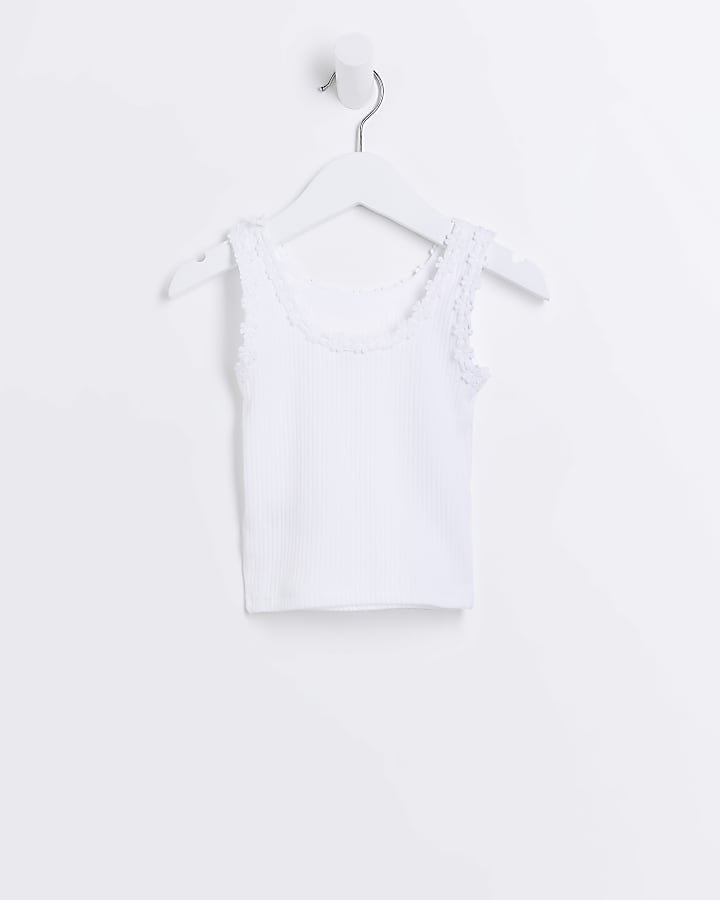 Mini Girls white flower trim vest top