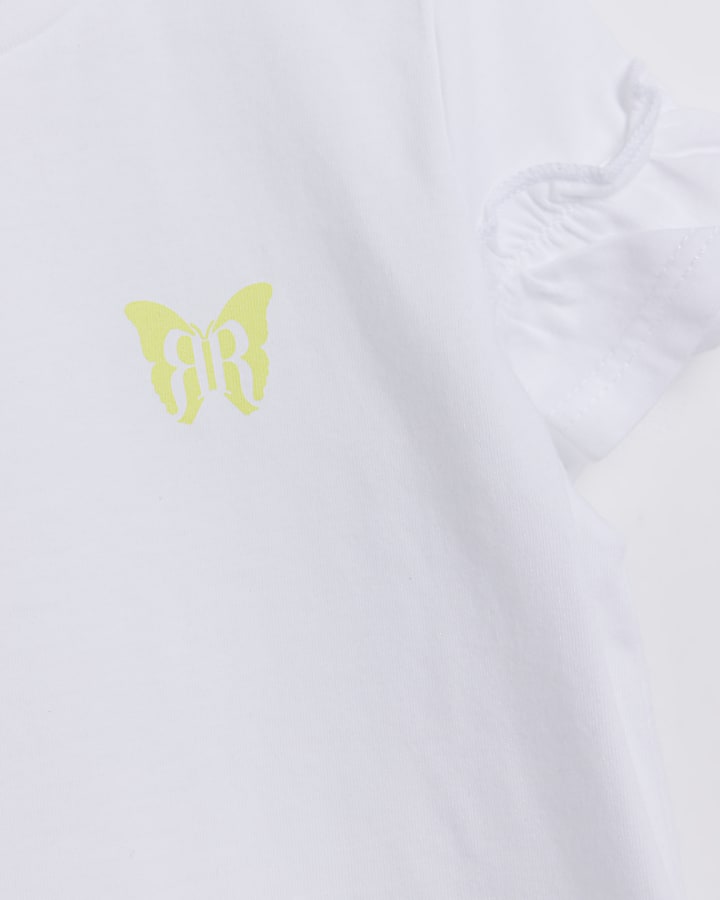 Mini Girls White Frill Butterfly logo T-shirt