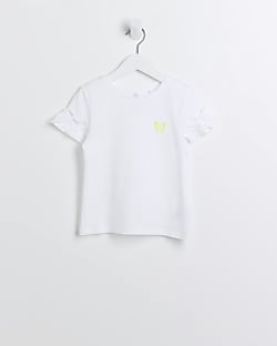 Mini Girls White Frill Butterfly logo T-shirt