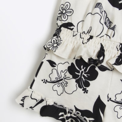 Mini Girls White Frill Floral Bardot Set