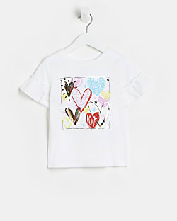 Mini Girls White frill Sleeve Heart T-shirt