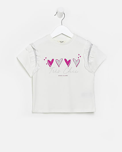 Mini girls white heart frill t-shirt