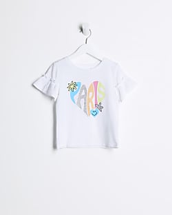 Mini girls white heart graphic frill t-shirt