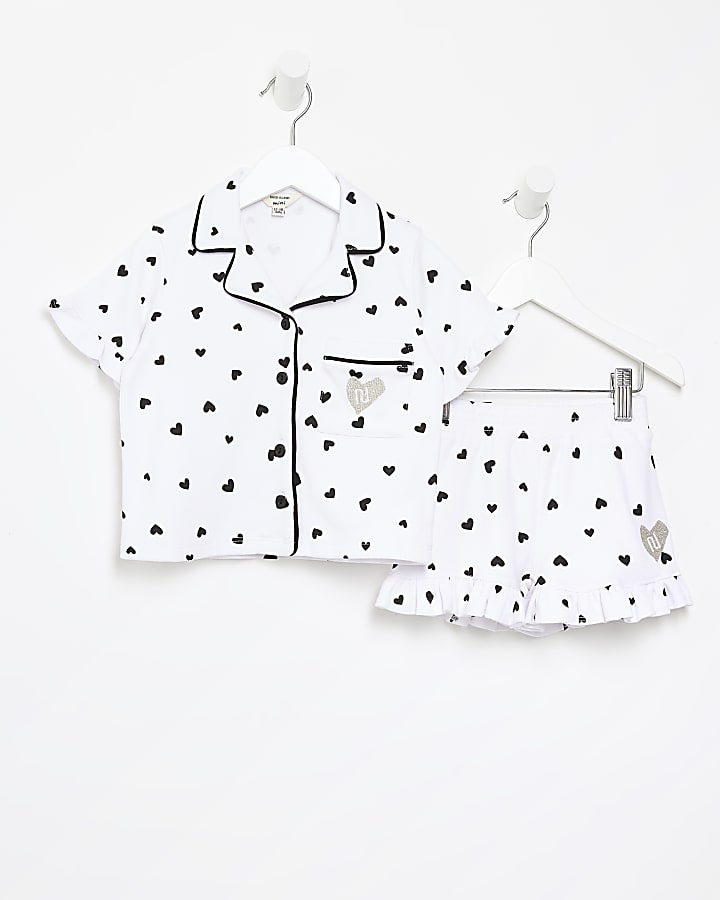 Mini girls white heart print pyjama set