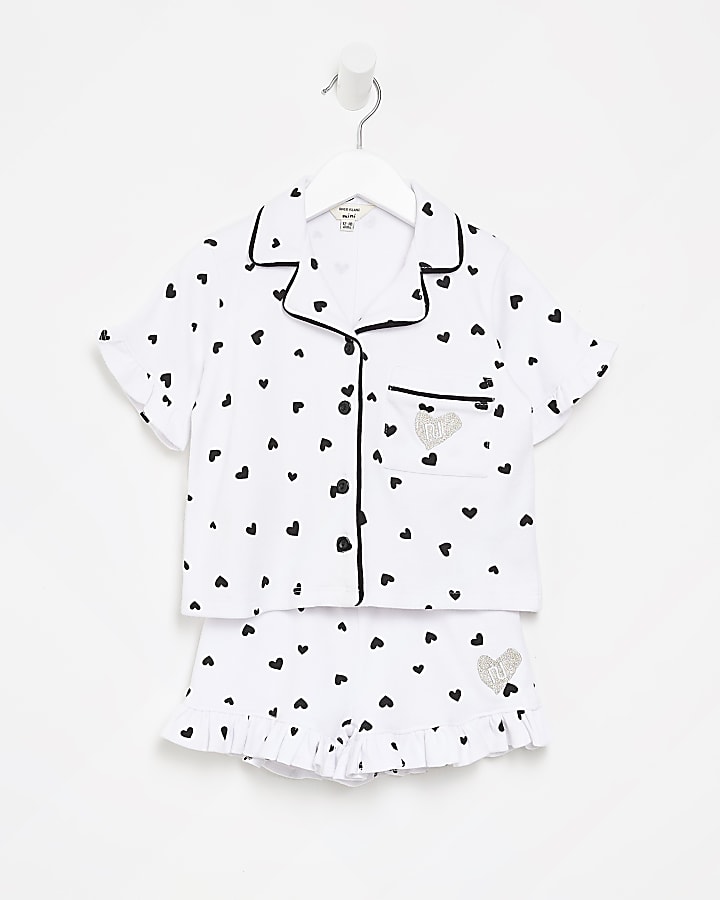 Mini girls white heart print pyjama set